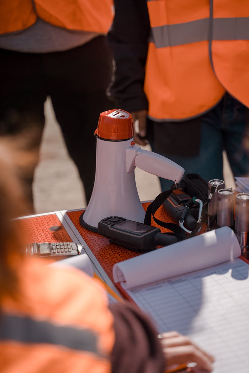 Focus on teamwork and safety with visible protective gear and communication tools.